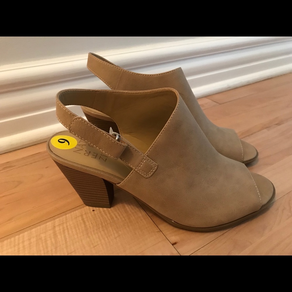 Tan peep toe heels